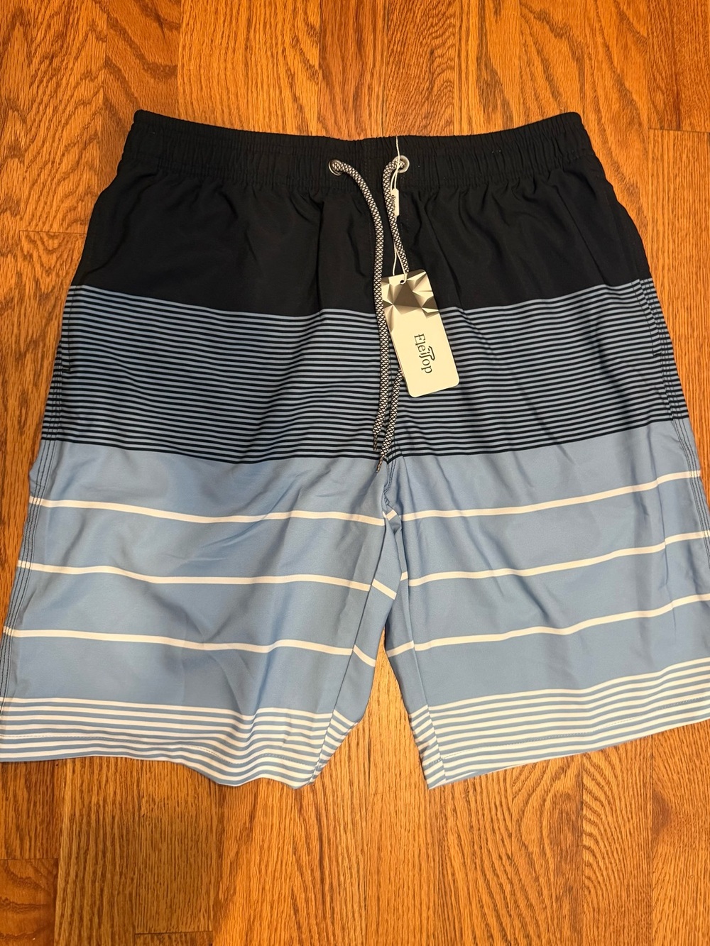 Eltop Men’s Black Gray Blue Striped Swim Trunks | Size Small (NWT)